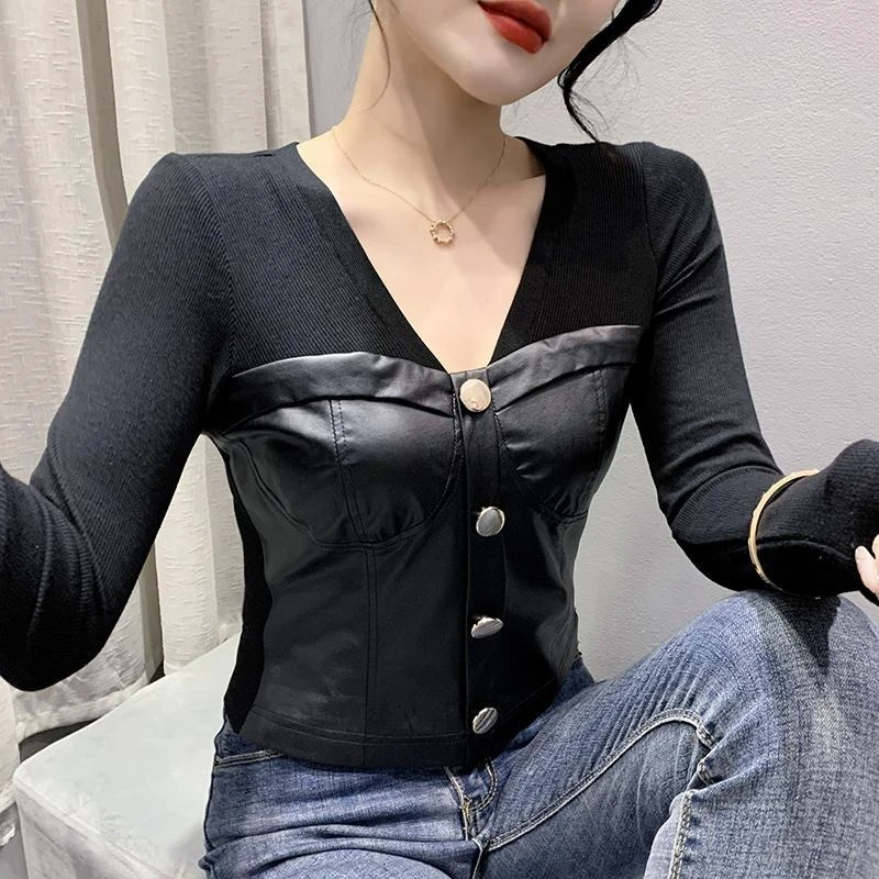 

Новая женская блузка-футболка с V-образным вырезом, леопардовым принтом, длинными рукавами, на заказных пуговицах, изысканное исполнение, весна-осень