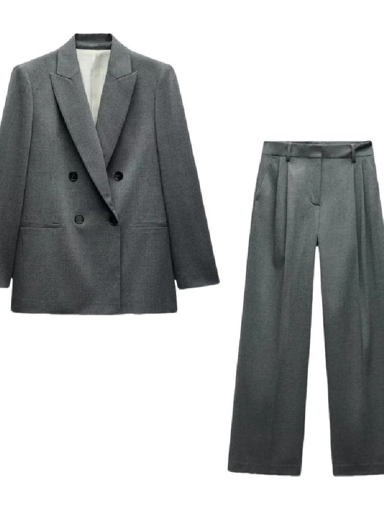 Conjunto de terno feminino com almofadas de ombro botões de fileira dupla gola virada para baixo mais calças compridas conjunto de roupas de trabalho Faionable