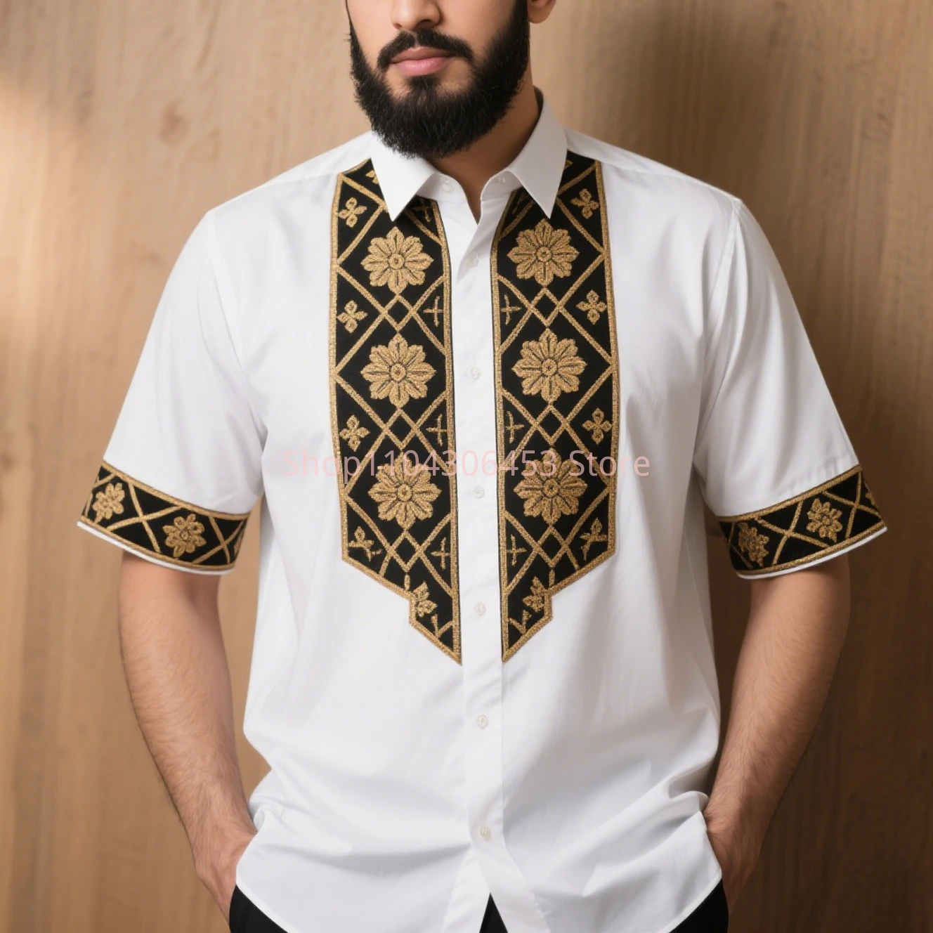 

Men simple retro fashion ethnic style 3D printed short-sleeved lapel shirt light breathable light color Hawaiian beach vacation
