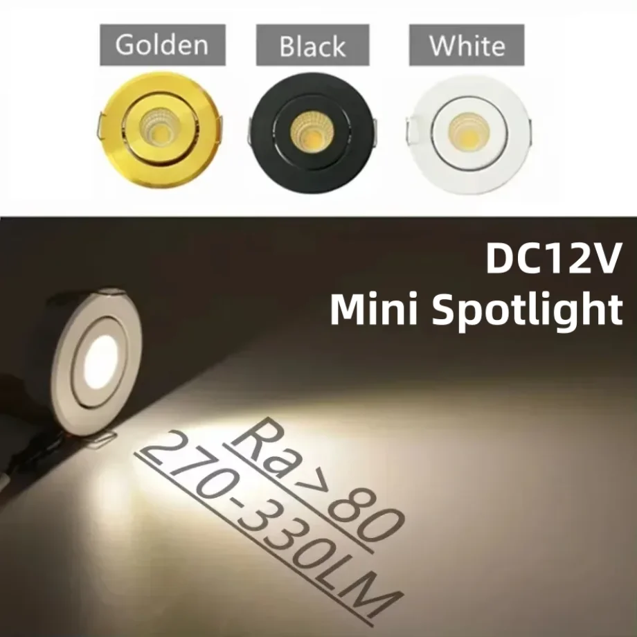 12V Mini LED Spotlight Adjustable Recessed Ceiling Light Drive Free Downlights Cabinet Showcase Lighting White Body ﻿