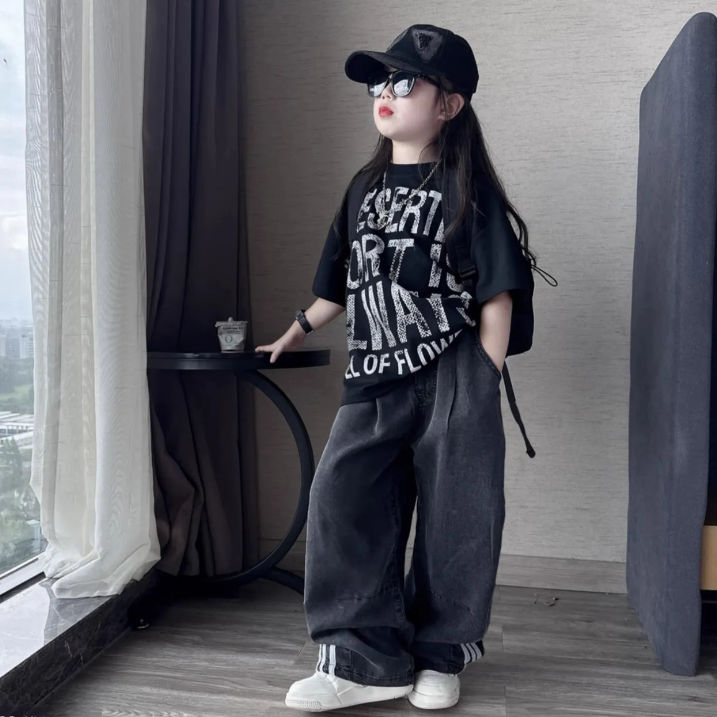 

Летний свободный комплект для девочек: футболка с буквенным принтом + широкие брюки, повседневный комплект из двух предметов для подростков, модный