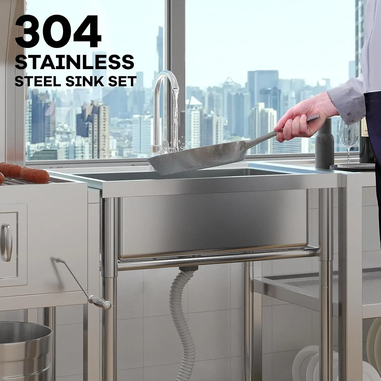 28 Inch Free Standing Sink, Single Bowl Stainless Steel Utility Sink with Cold/Hot Water Pipe, Storage Rack, Faucet and Adjustab