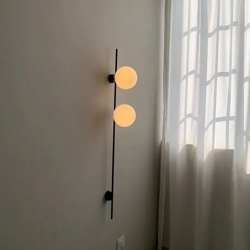 Modern Long Pole Wall Lamps Black Gold Living Room LED Wall Lights Milky White Glass Round Wall Lamp for Hallway Entrance Aisle