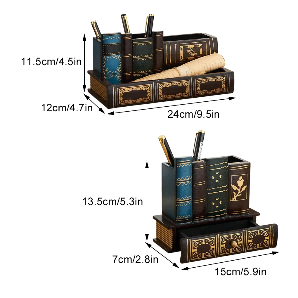Tempat Pena Kayu Kotak Penyimpanan Pensil Kotak Organizer Meja Multifungsi Bentuk Buku Kreatif Retro Antik untuk Meja Kelas