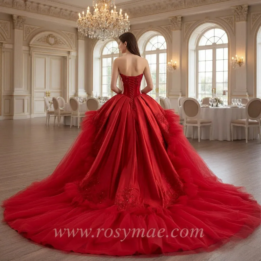 Rosymae Puffy Red Wedding Dress with V-Neck Elegant Unique Design Dramatic Cathedral Train Ruffled Skirt Sheer Fabric Grand Look