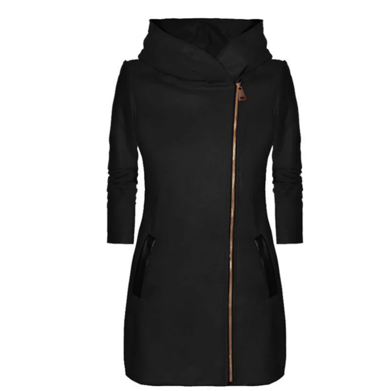  New Womens Winter Jacket Coat Fashion Women Zipper Mid-Length Coat for Spring Fall Solid Color Long Sleeve Hooded Coat