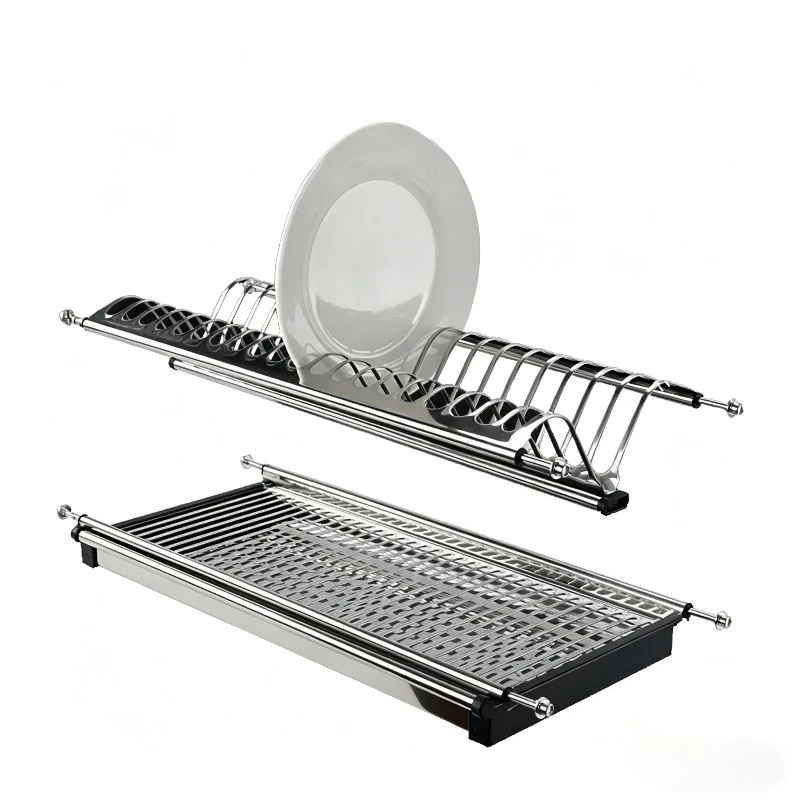 Cabinet Wall Cupboard Double-Layer Dish Storage Drawer Basket Stainless Steel Embedded Kitchen Dish Rack Storage Draining Rack