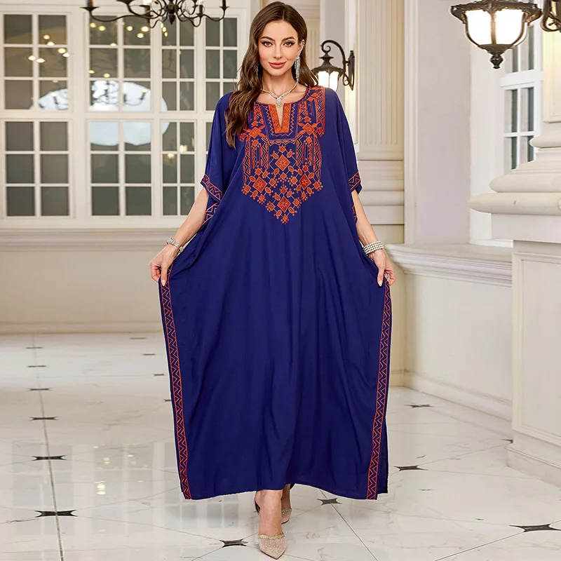 Sukienka maxi z haftem w stylu vintage z 2025 roku, seksowny dekolt w serek, rękawy nietoperzowe, wysoki stan, tunika, odzież damska, letnie sukienki plażowe.