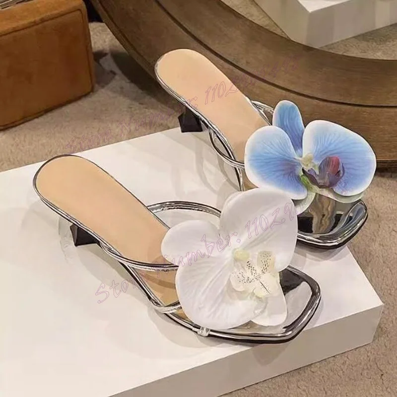 Pantoufles Carrées Noires à Motif Floral pour Femme, Chaussures d'Été Élégantes à Talons Hauts, Châssis Stiletté, 2024