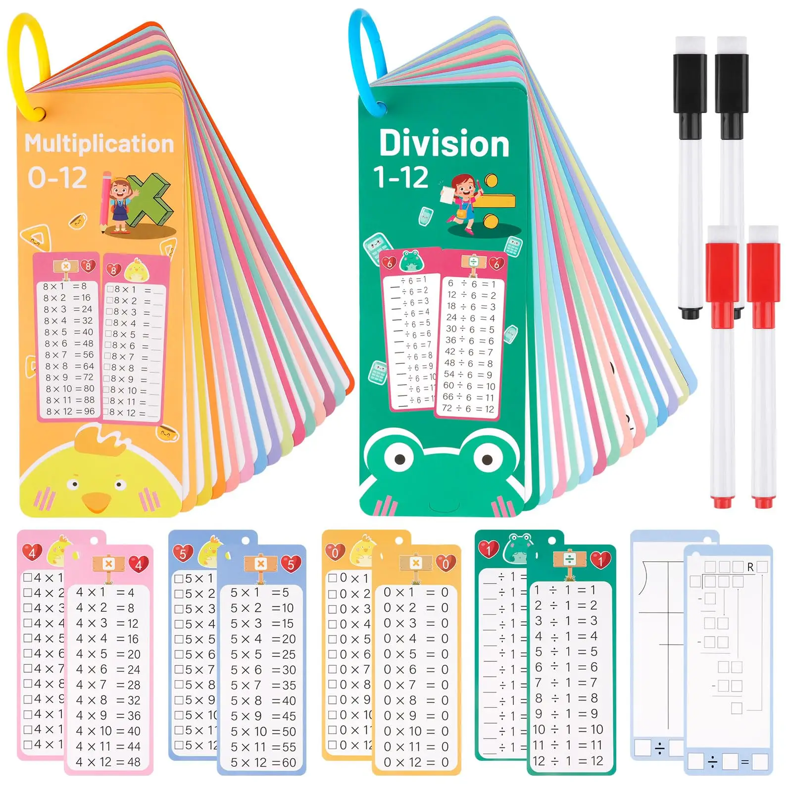30Pcs Multiplication and Division Flash Cards Reusable Educational Time Table Math FlashCards Toys with 4 Dry Erase Pens 2 Rings