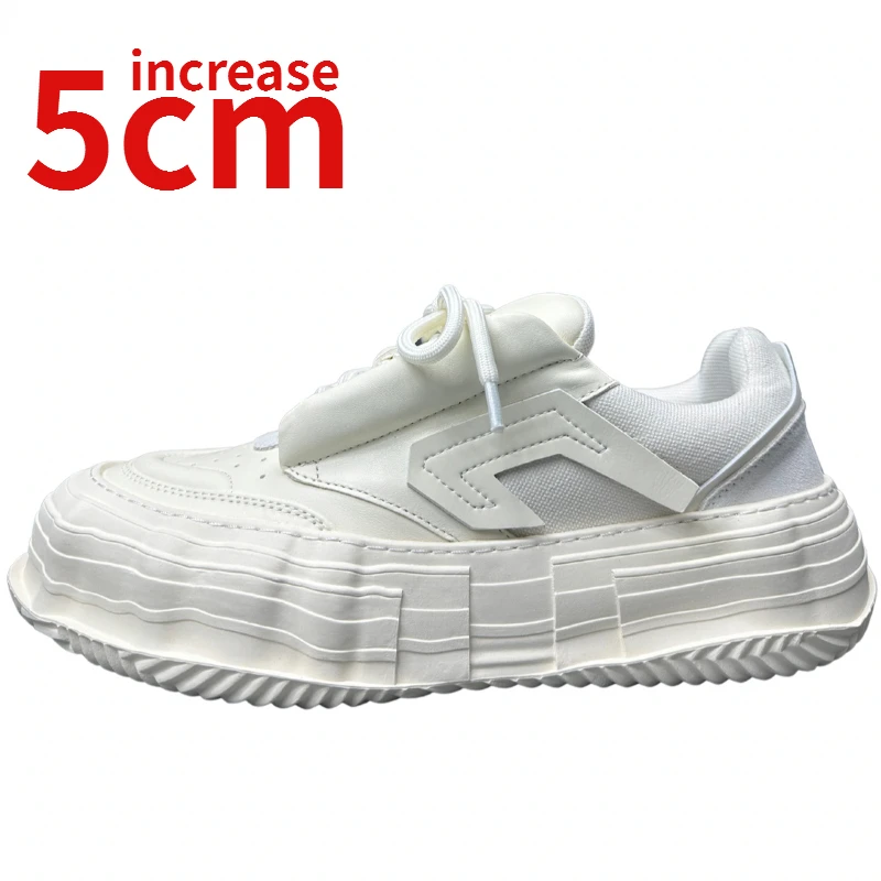 

European Design Genuine Leather Bread Shoes Wide Cut Edge Wavy Pattern Thick Sole Men Increased 6cm White Sports Shoes for Men's