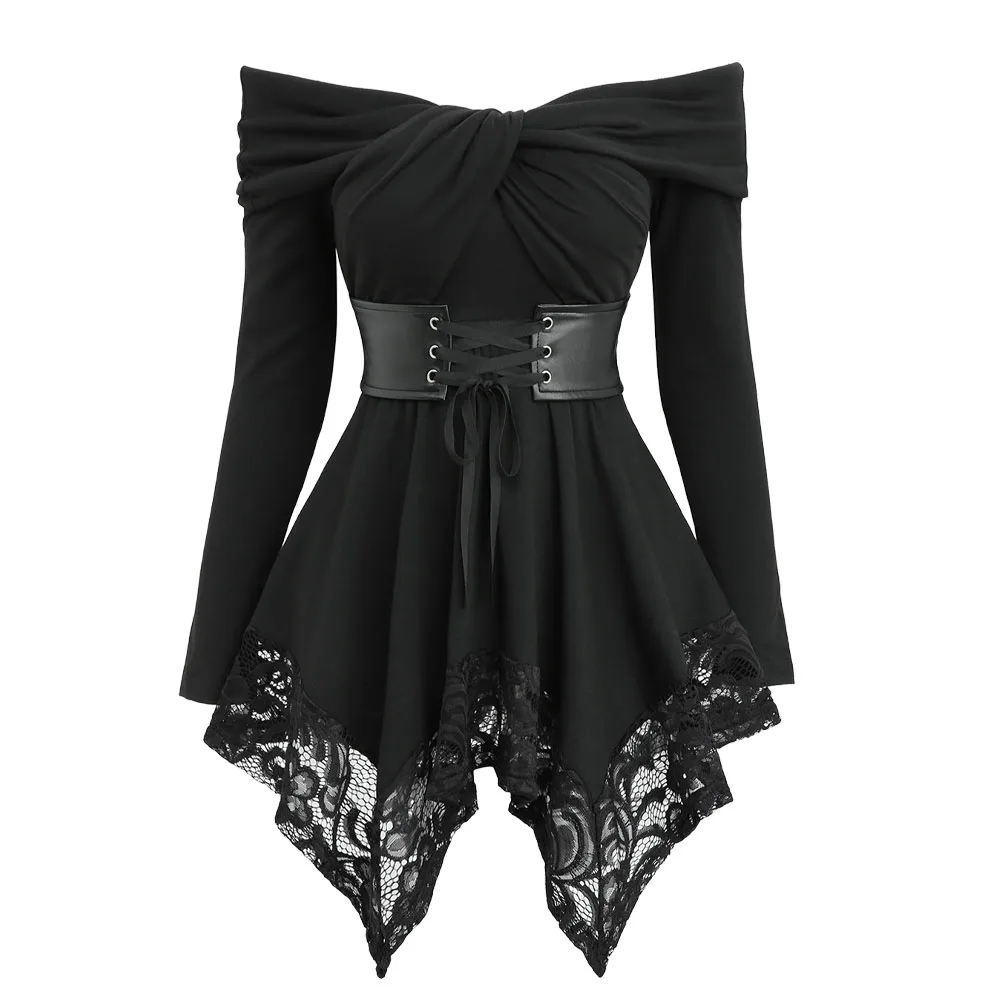 

Gothic Off The Shoulder Tops For Women Black Crossover Floral Lace Trim Patchwork Lace-up Belted Long Sleeves Blouses 2025 New