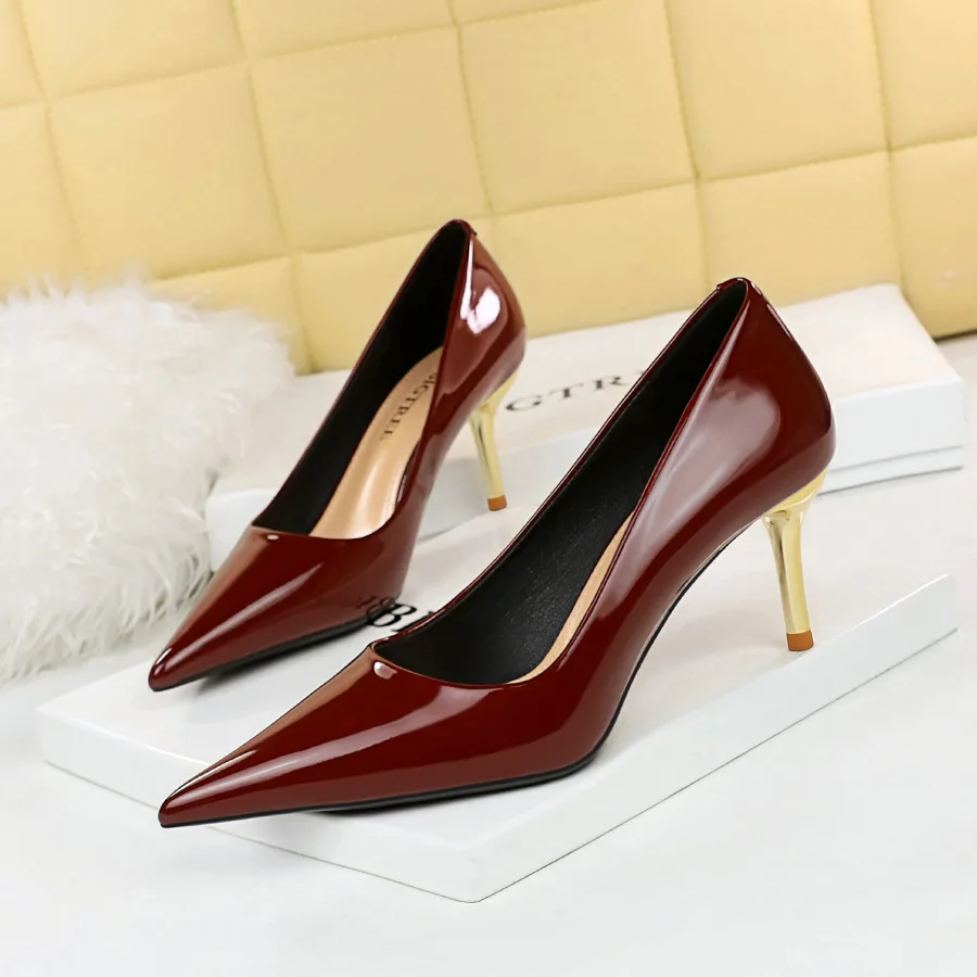 

Ladies Pumps Shoes Sexy Slim Metal Thin High Heel Shallow Toe Shiny Lacquer Leather Women's Single Women туфли женские сандалии