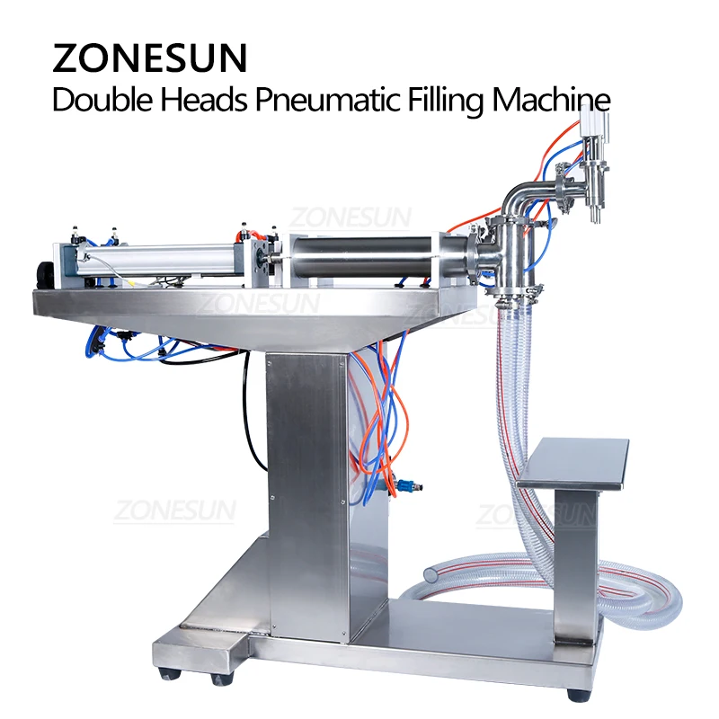 ZONESUN التلقائي الهوائية الدائمة مزدوجة فوهات السائل المشروبات شامبو النفط ملء آلة عمودي زجاجة المياه حشو