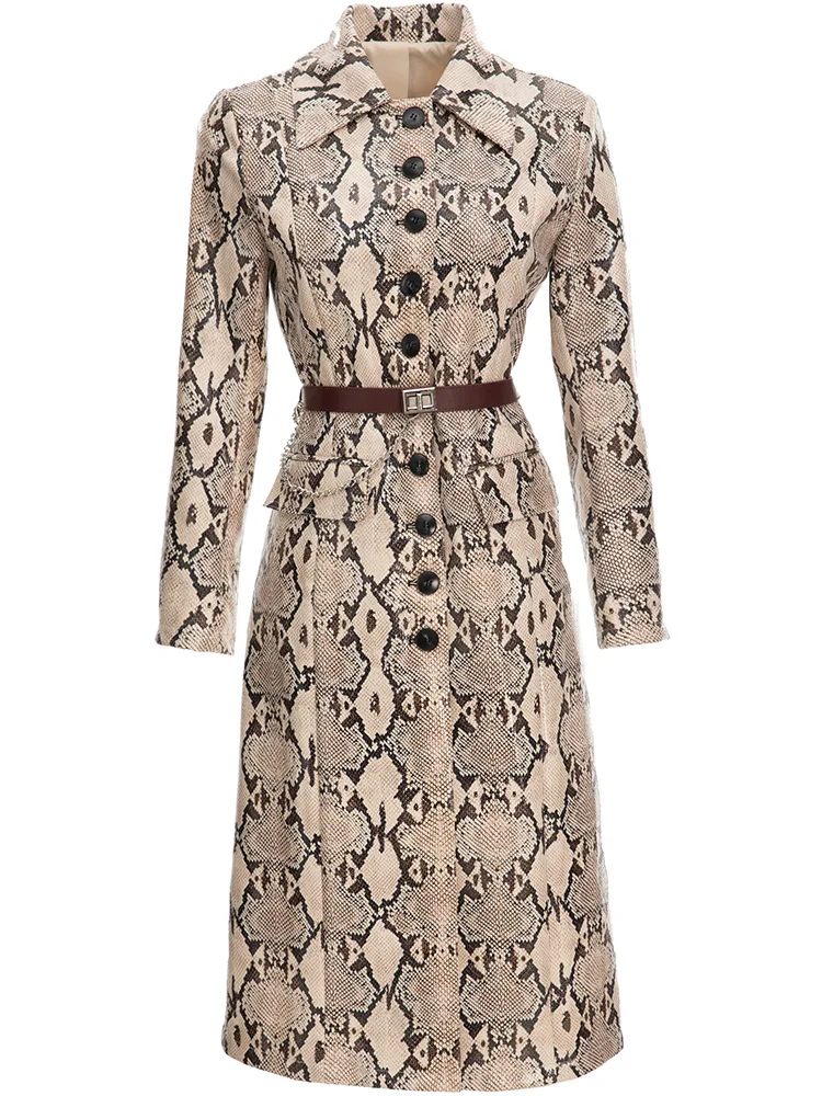 

LD LINDA DELLA Designer Autumn Winter Long sleeve Trench Coat Women's Turn-down Collar Belt Snake pattern Outwear Overcoat