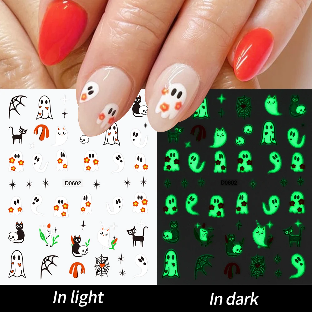 3d adesivos luminosos para nail art, 1 folha, fantasma, crânio, morcego, abóbora, diy, brilho no escuro, decoração de unhas