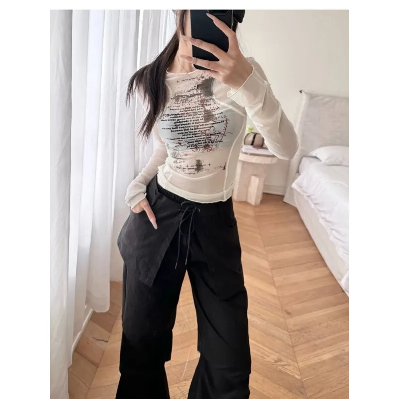 Mesh Transparent Pilz Gedruckt Rundhals Langarm T-shirt Damen Slim Bottoming Shirt Top