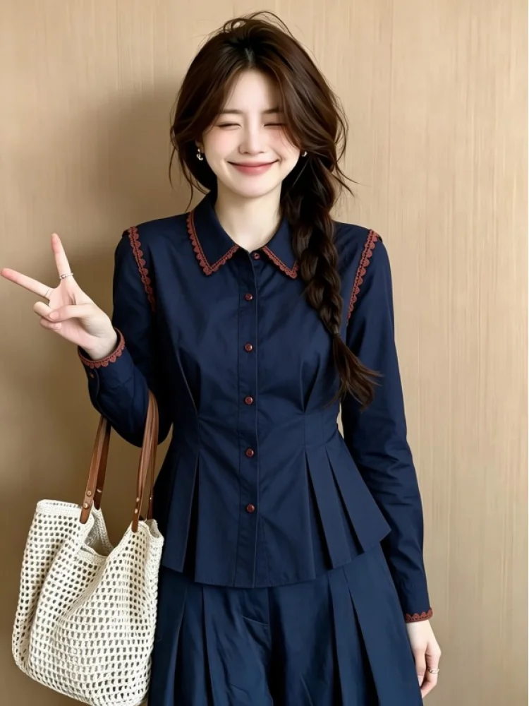Elegant Style Slim Fit Shirt Top Waist-Cinching Long Sleeve Cotton Blouse in Royal Blue Spring Autumn New Arrival Short Style