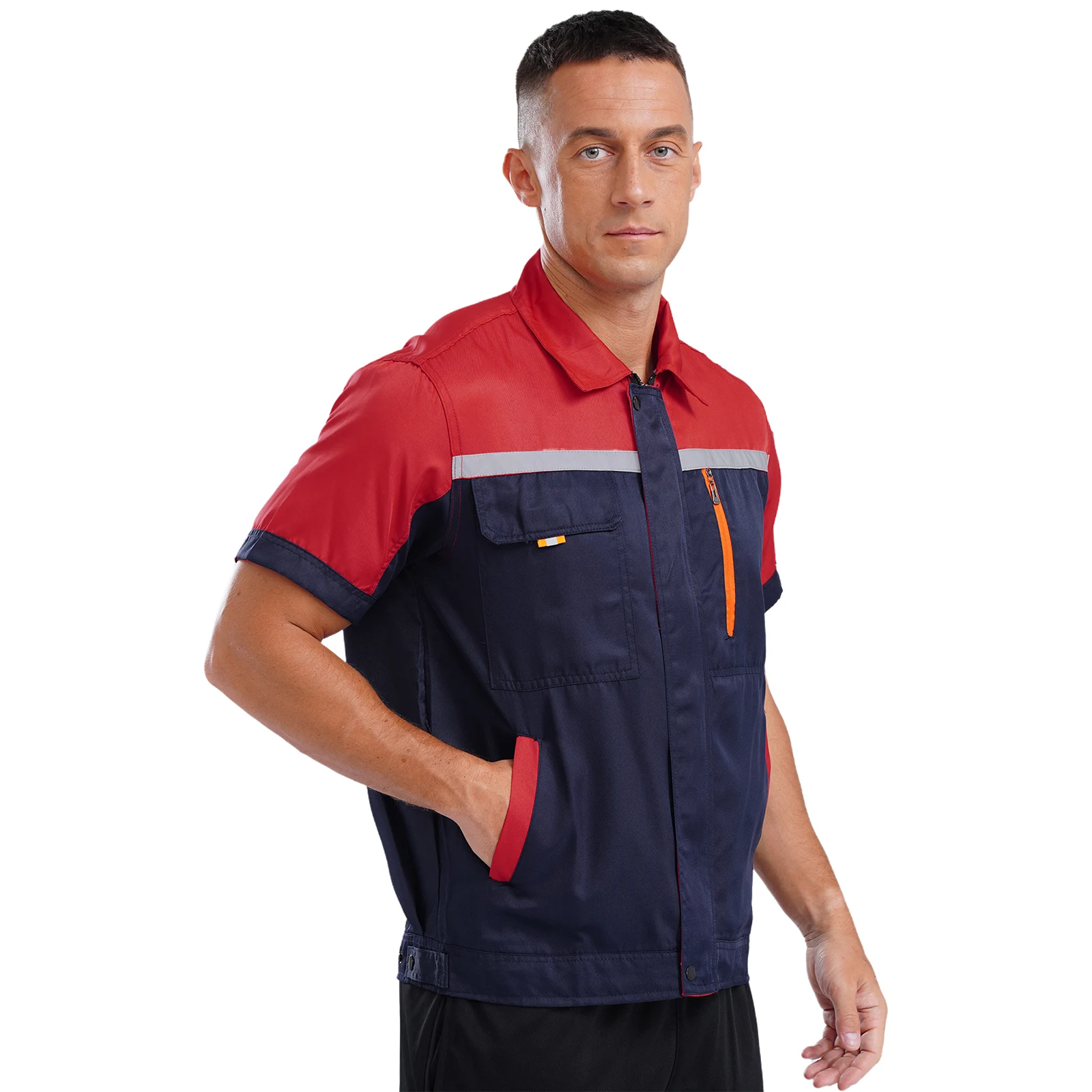 Men's Short Sleeve Mechanic Work Shirt Front Zip Industrial Uniform Workshop Uniform Factory Workwear Jacket Tops with Pockets