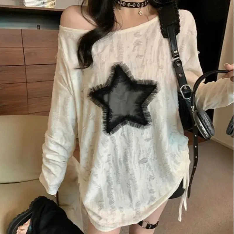

Корейская футболка Y2K со звездами и жаккардовым длинным рукавом с открытыми плечами, свободная повседневная футболка с завязками и сломанными отверстиями, милый крутой готический топ, женская одежда