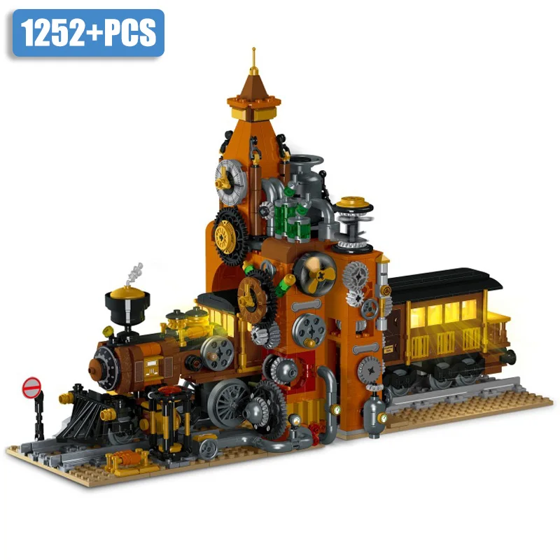 City MOC 1252pcs Streampunk Train Station Bookshelf Building Blocks Set DIY Railway Train Model Bricks Toys For Children Gifts