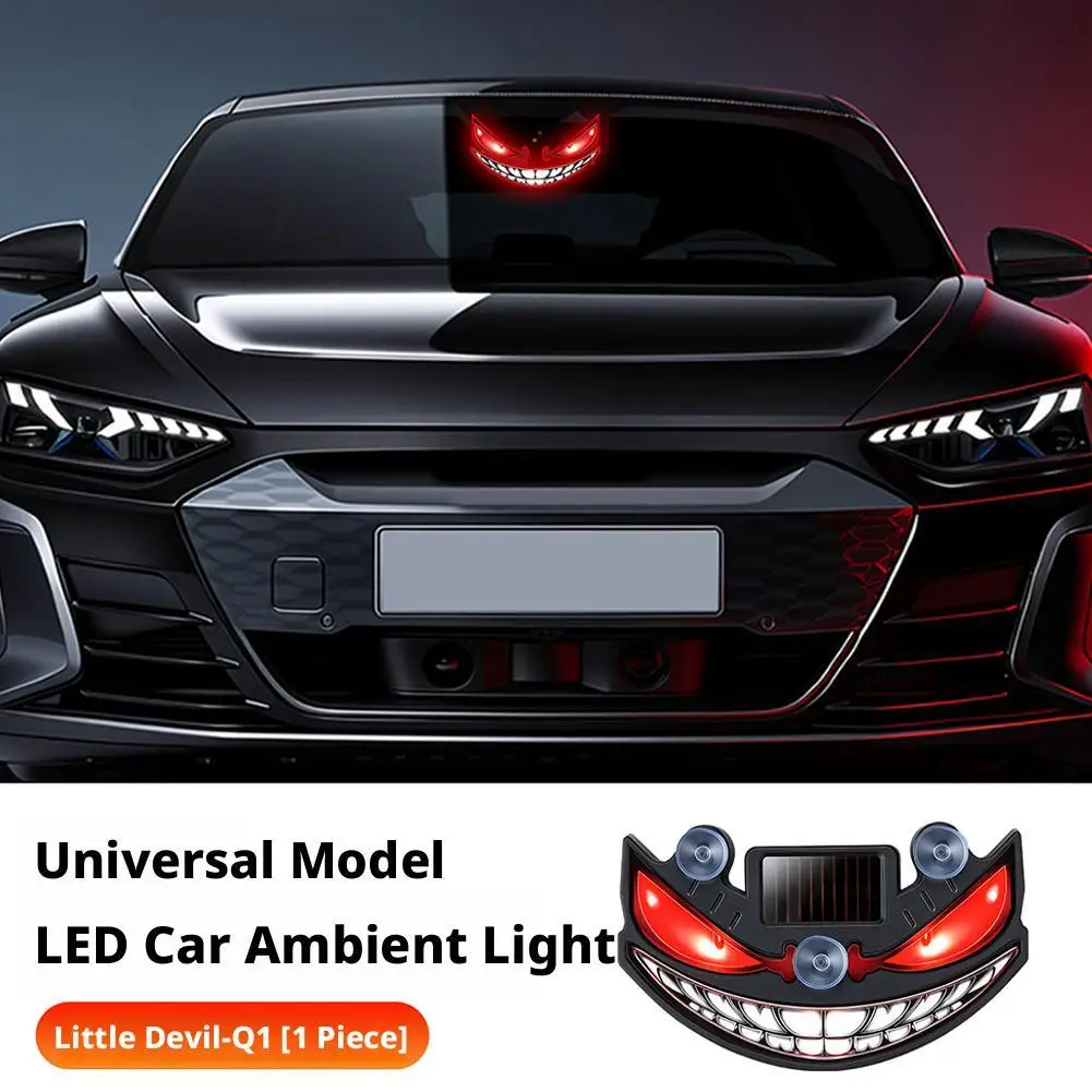 Car Devil Face LED Warning Light Solar Vibration Sensor Auto Rear Window Decor Lamp Type-C Charging Universal Car Ambient Light
