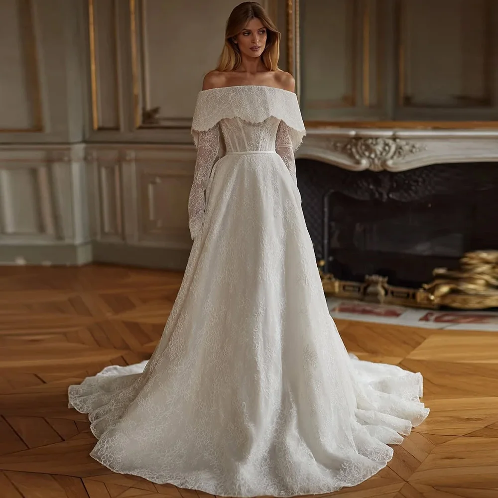 

Fashion Boat Neck Long Sleeves Wedding Dress Elegant A-Line Zipper Back Customized Bridal Gown Delicate Appliques Robe de mariée