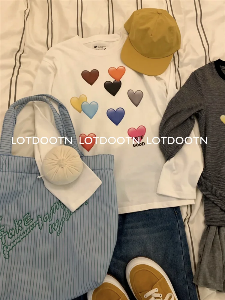 LOTDOOTN  Y2K Oversized Women T-Shirts Pure Cotton Spring Long Sleeve  Heart-shaped Print Tops Ladies Casual Loose Harajuku Tops