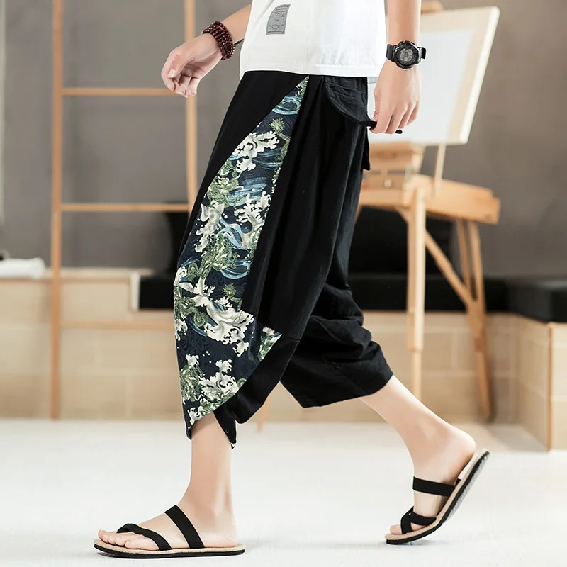 2024 Ethnic Style Harem Pants Mens Jogging Pants Sweatpants Japanese Street Men Pants Work Elephant Stitching Calf-length Pants