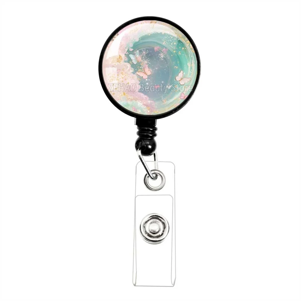 Pink Oil Painting Series Glass Cabochon 30mm Black  Retractable Badge Reel Work Card Clip ID Name Card Tag Staff Card BadgeJD002