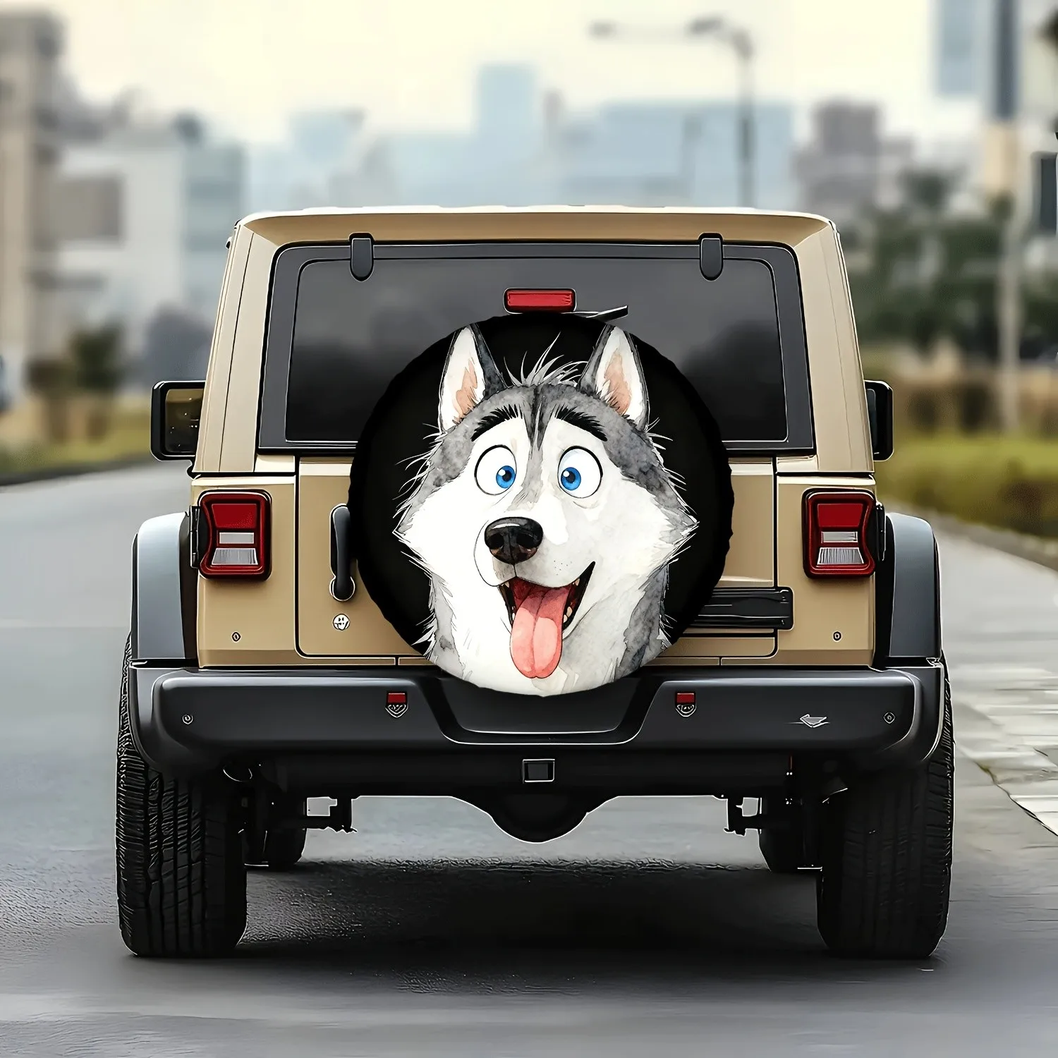 

Cheerful Husky Face Tire Cover Waterproof Polyester SUV Spare Wheel Protector