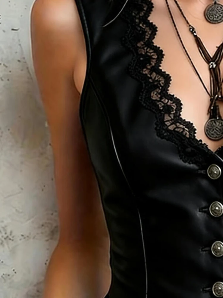 

Leather Button Up Tanks Tops Women Sleeveless Sexy V-Neck Lace Trim Fringe Hem Vest Versatile Trendy Slimming Short Vest Coat