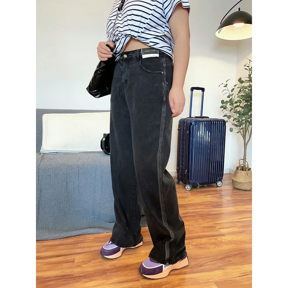 

Джинсы с высокой талией и прямым кроем для женщин больших размеров, весенние, с высокой эластичностью, V-образным кружевным подолом, длинные, струящиеся, из хлопкового стрейч-денима