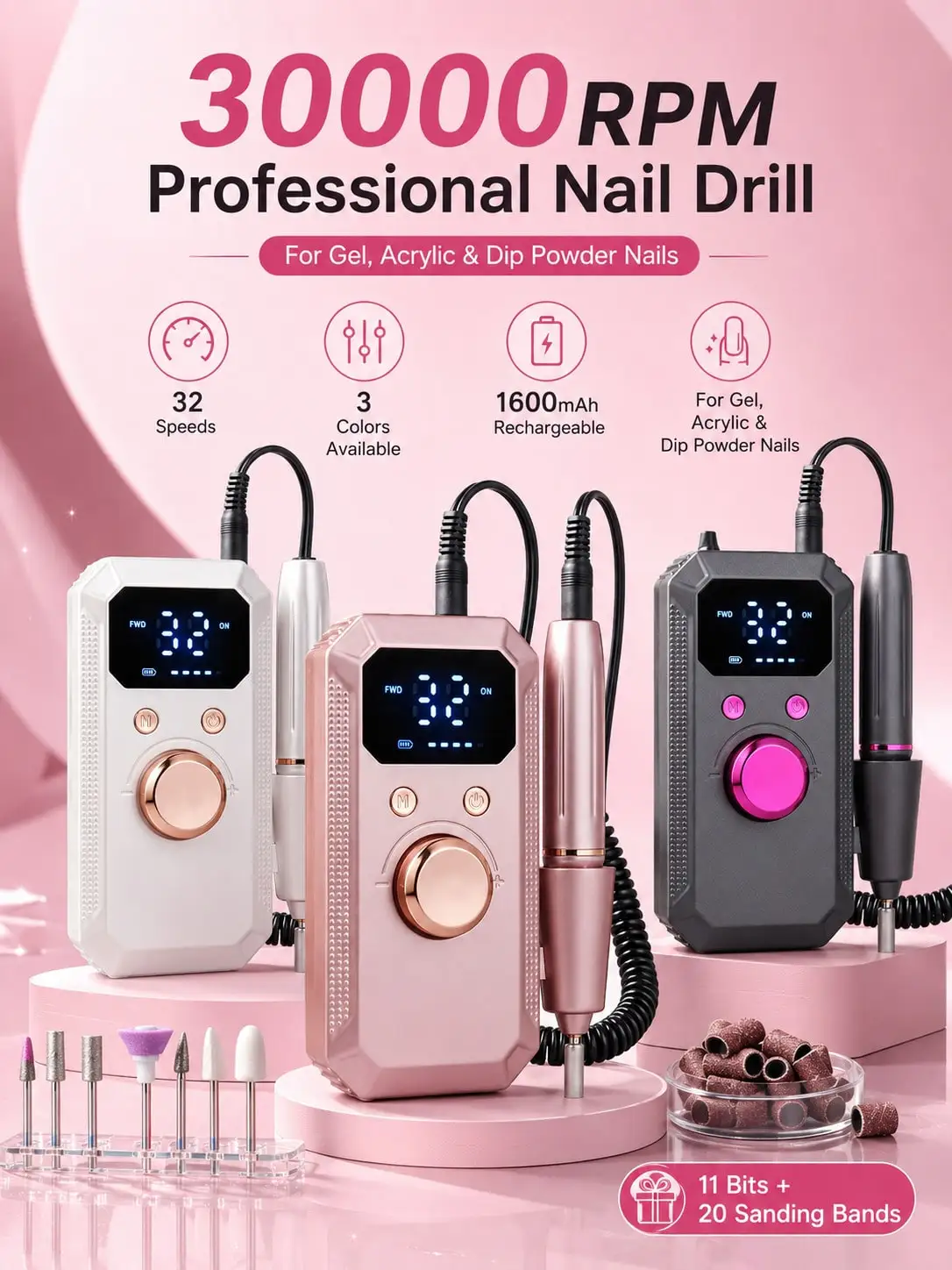 Professional Wireless Electric Nail Drill, Rechargeable Portable Acrylic Gel Nail File Set With 11 Drill Bits And 20 Sanding Bands, High-Speed Wireless Electric Nail File, Suitable For Gel Nail Removal, Manicure, Pedicure, Nail Salon