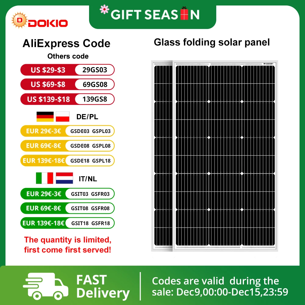 DOKIO 18V 100W 200W Rigid Solar Panel China Monocrystalline Waterproof Solar Panel Charging 12V #DSP-100MX2 Camping/Home/RV