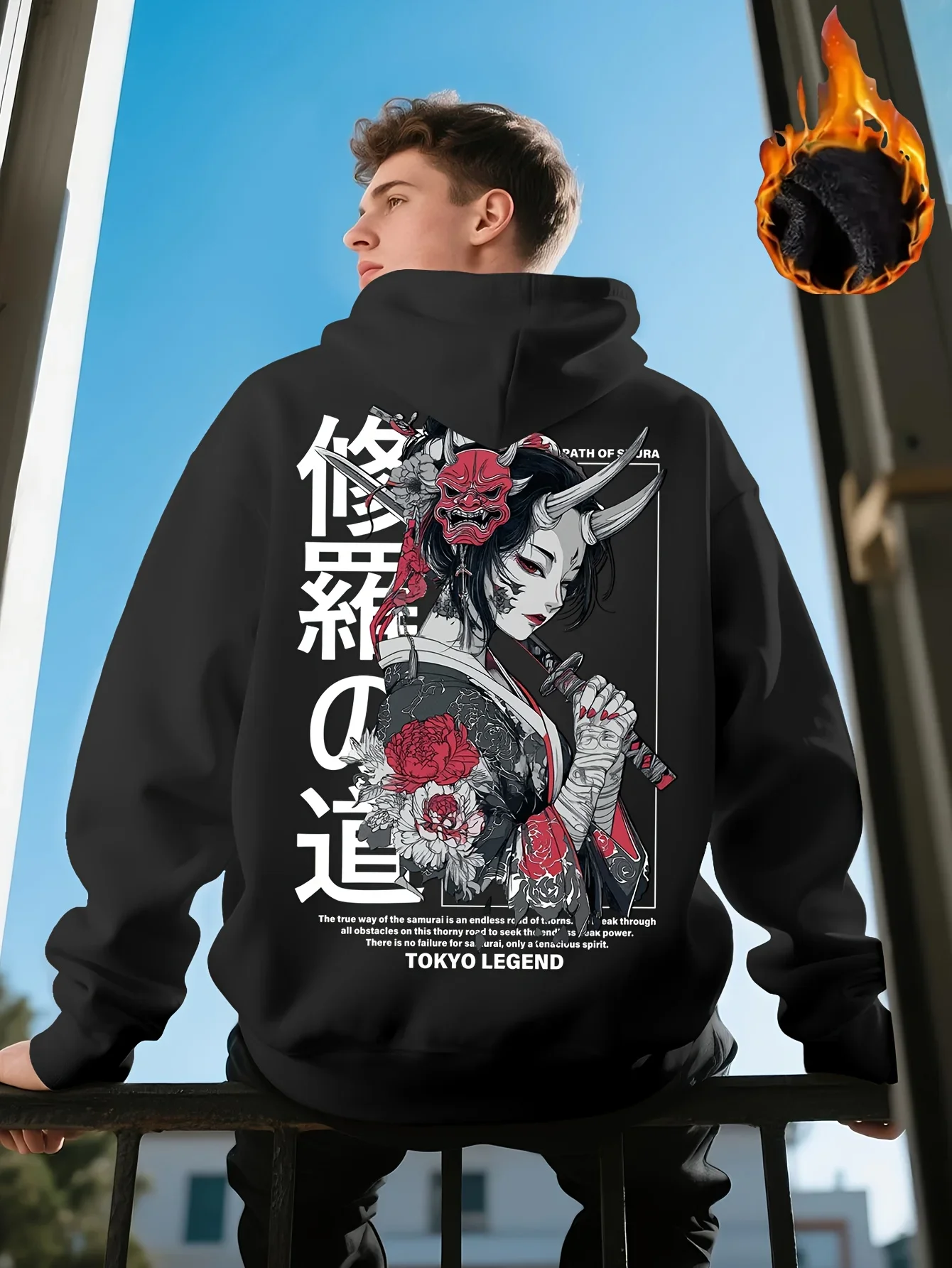 Tokyo Samurai Hoodie Oni Hannya Mask Katana Anime Print White Unisex Men Women Oversized Casual Sweatshirt Long Sleeve