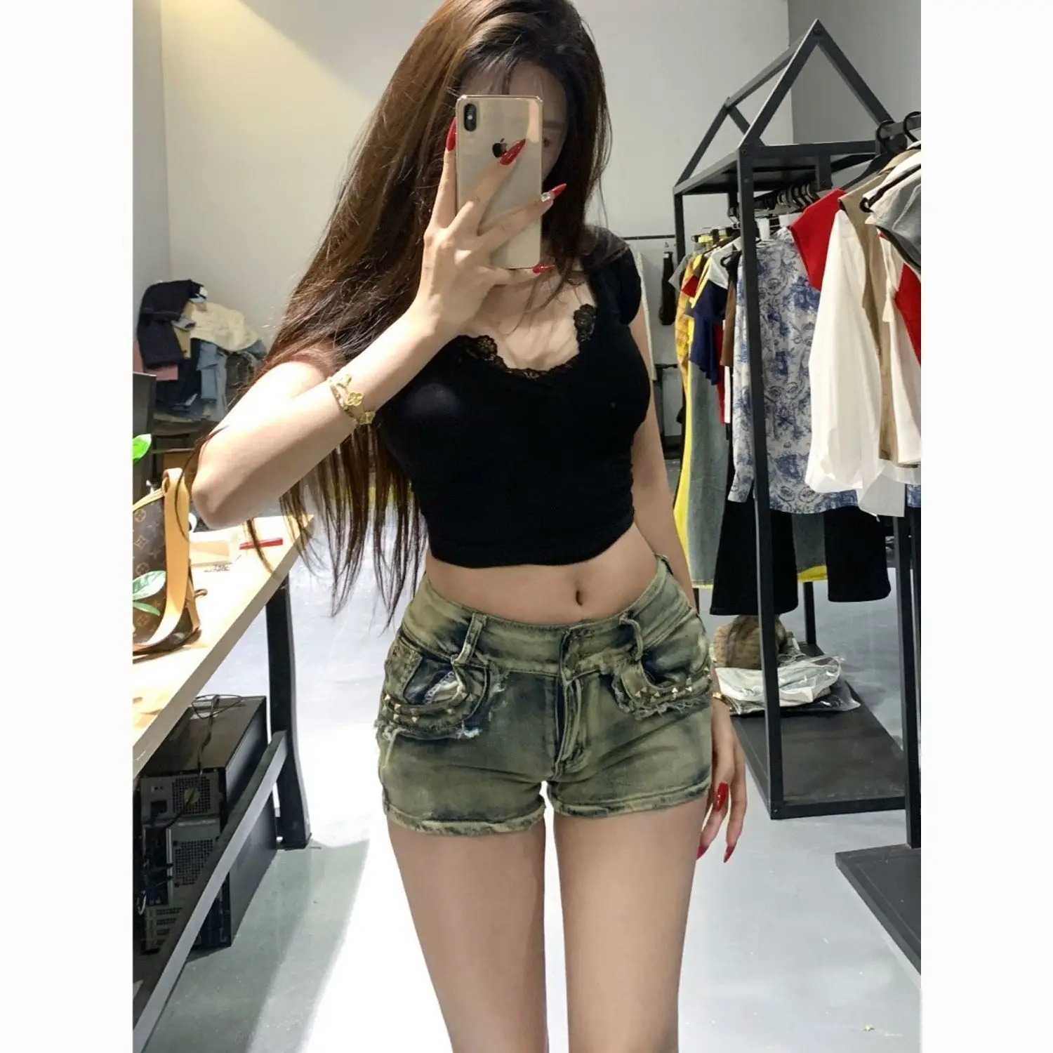 

Шорты женские городские креативные для работы с высокой талией минималистичный цветной блок прямого кроя в стиле пэчворк современные плиссированные шикарные художественные офисные шорты