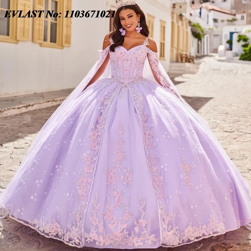 

EVLAST Mexico Lavender Quinceanera Dress Ball Gown Lace Applique Beading Crysyals With Cape Sweet 16 Vestido De 15 Anos SQ258