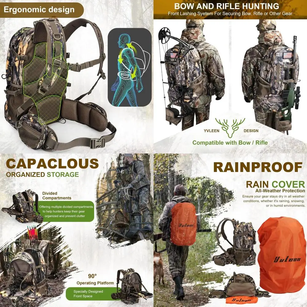

Camo Hunting Backpack for Men, YVLEEN Large-Capacity Day Pack with Rifle, Bow, and Gun Storage