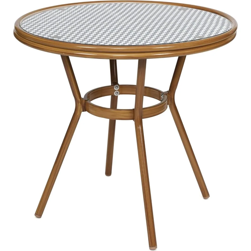 Lourdes-Table de bistrot française commerciale intérieure et extérieure, dessus en verre PE, aluminium imprimé bambou, rond de 31.5 po, rotin bleu marine et blanc