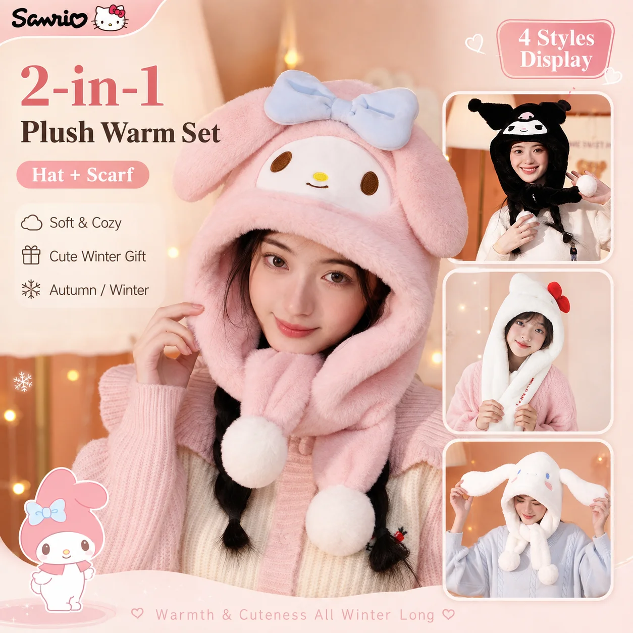 Trendy Popular New Sanrio My Melody Cute Plush Hat Scarf Hooded Neck Warmer School Office Commute Outdoor Hat Scarf Girl Gift