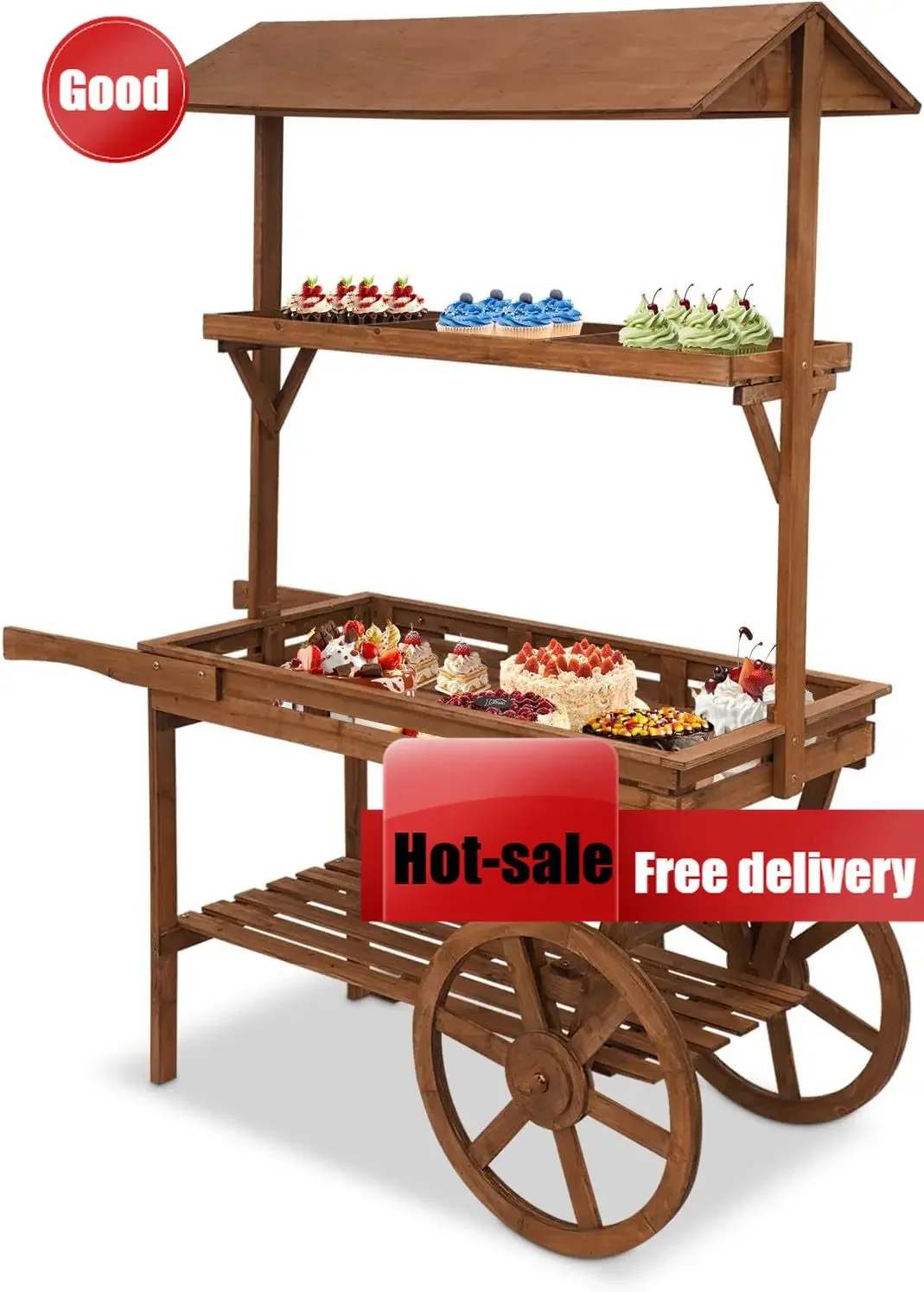 Large Rolling Wooden Cart With Wheels For Display Flower Candy Party Favors Crafted Items Easy Assemble Brown