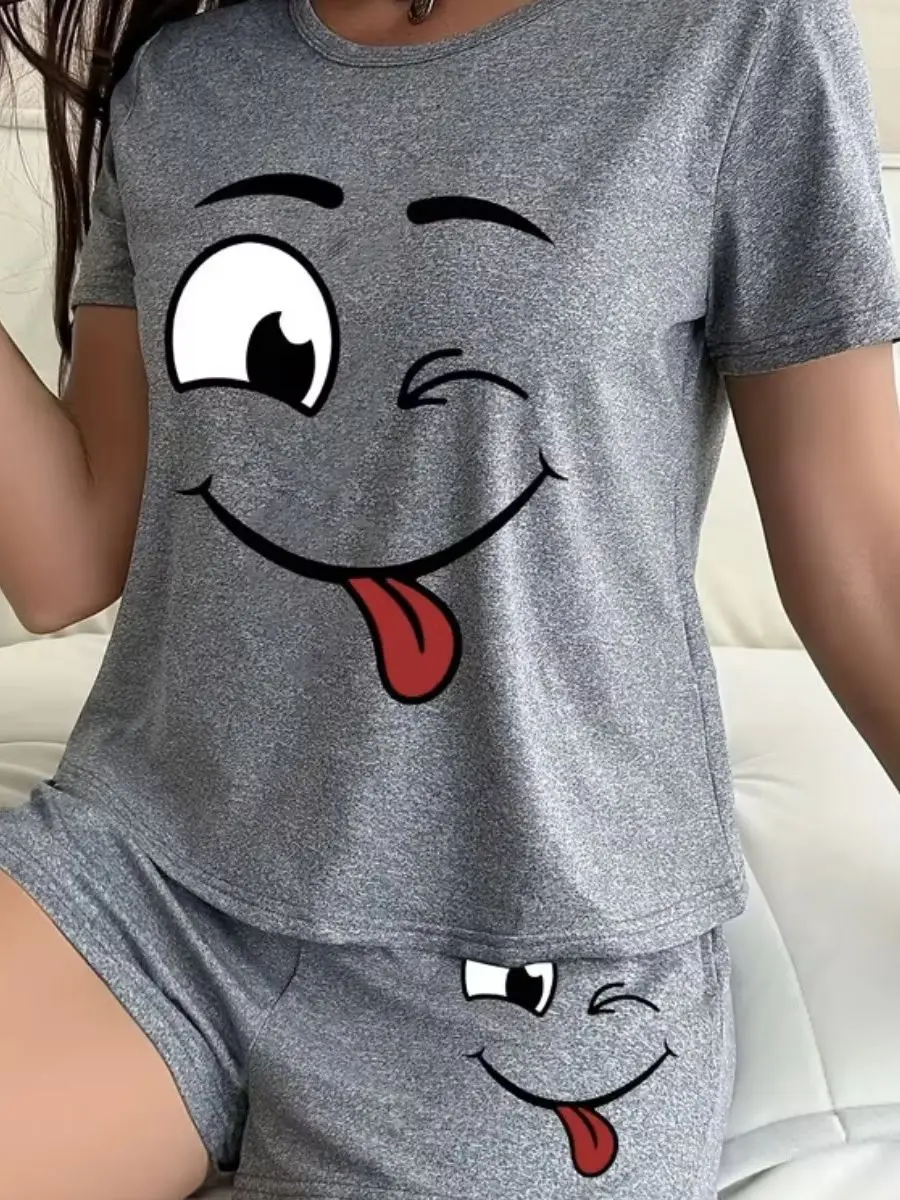 Damen-Pyjama-Set mit süßem Smile-Face-Print, 2-teilig, kurzärmeliges Oberteil, Shorts, Nachtwäsche, Loungewear, weiche Baumwolle, Homewear, Sommer-Nachtwäsche – Detail 2