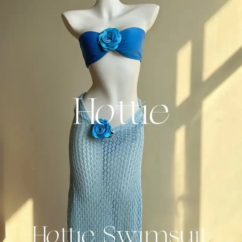 Thai Style 3D Flower Women Three Piece Bikini Set Strapless Knit Wrap Skirt Swimsuit For Island Spa Vacation