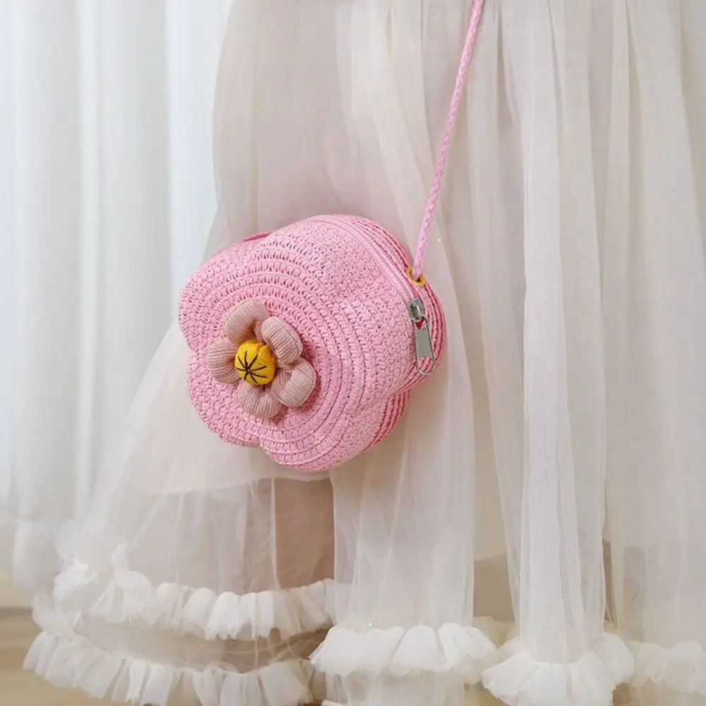 Durable Straw Straw Shoulder Bags Flower Mini Mini Coin Purse Princess Handbags Kids Girls