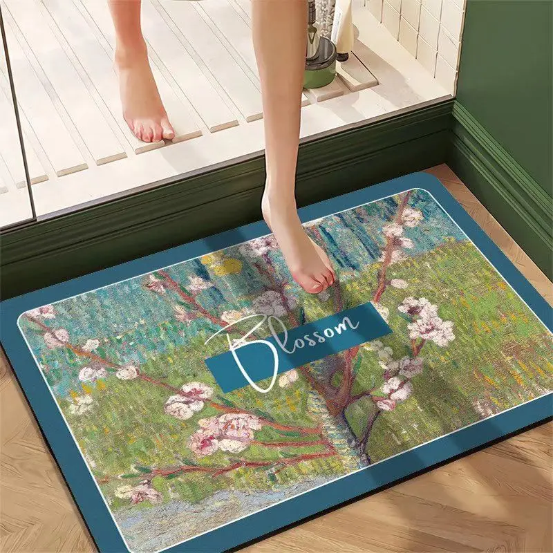 VIKAMA Green White Lotus Welcome Bath Mat for Bathroom Entryway, Non Slip Machine Washable Shower Floor Rug Home Decor
