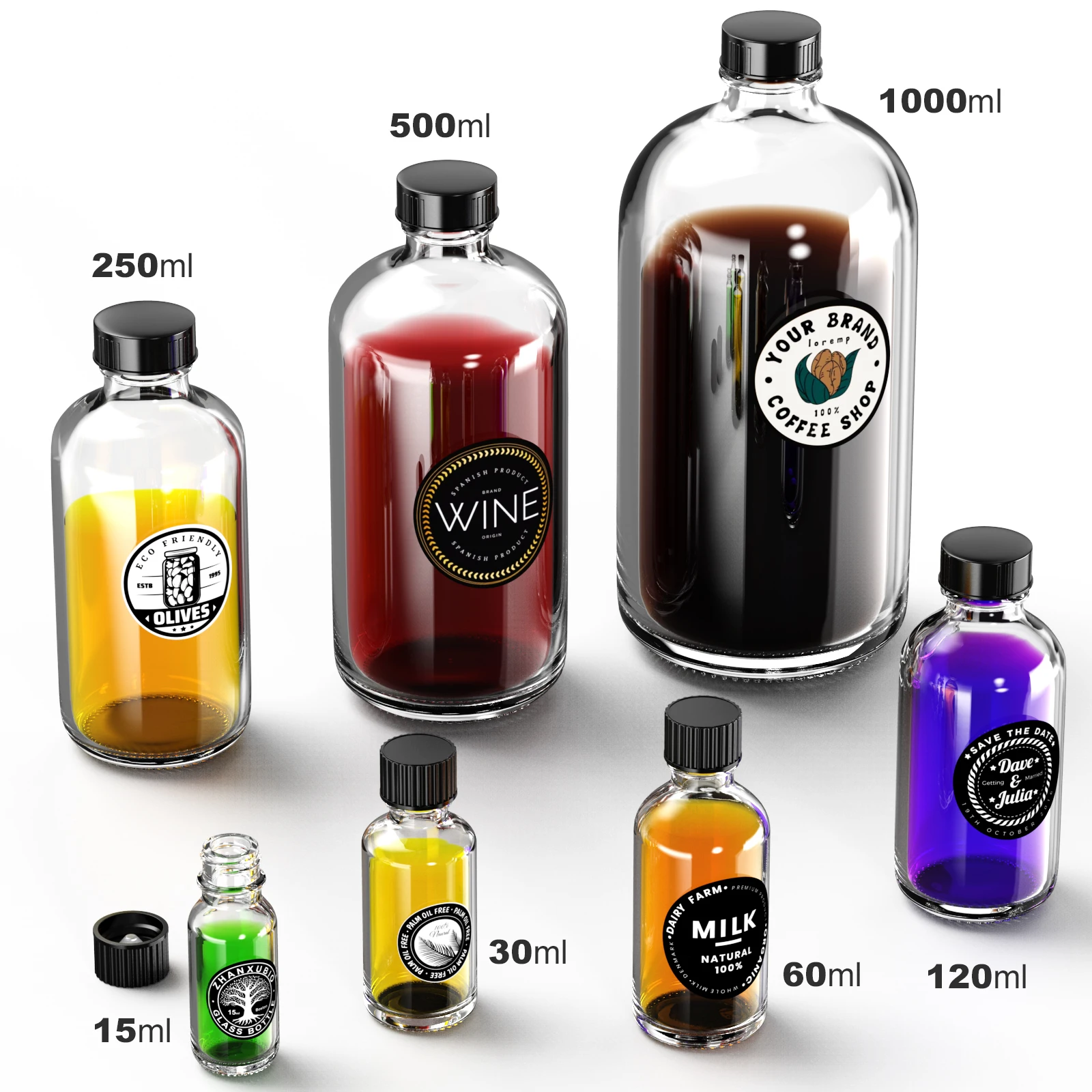 Botellas de vidrio redondas Boston ámbar/transparente con tapas negras para fermentación secundaria Kombucha y productos químicos de laboratorio por ks-tek