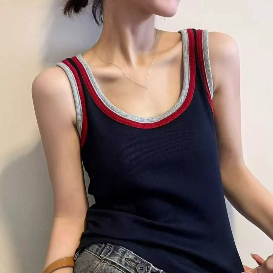 

Autumn New Bilateral Contrasting Vest Women's with Chest Pad Inside and Outside Wear Bottom Comfortable Back Slim Top