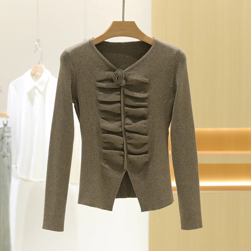 

Облегающий вязаный свитер с v-образным вырезом, женский базовый слой, зима, новый сложенный дизайн, трикотаж для поездок на работу, теплая мода