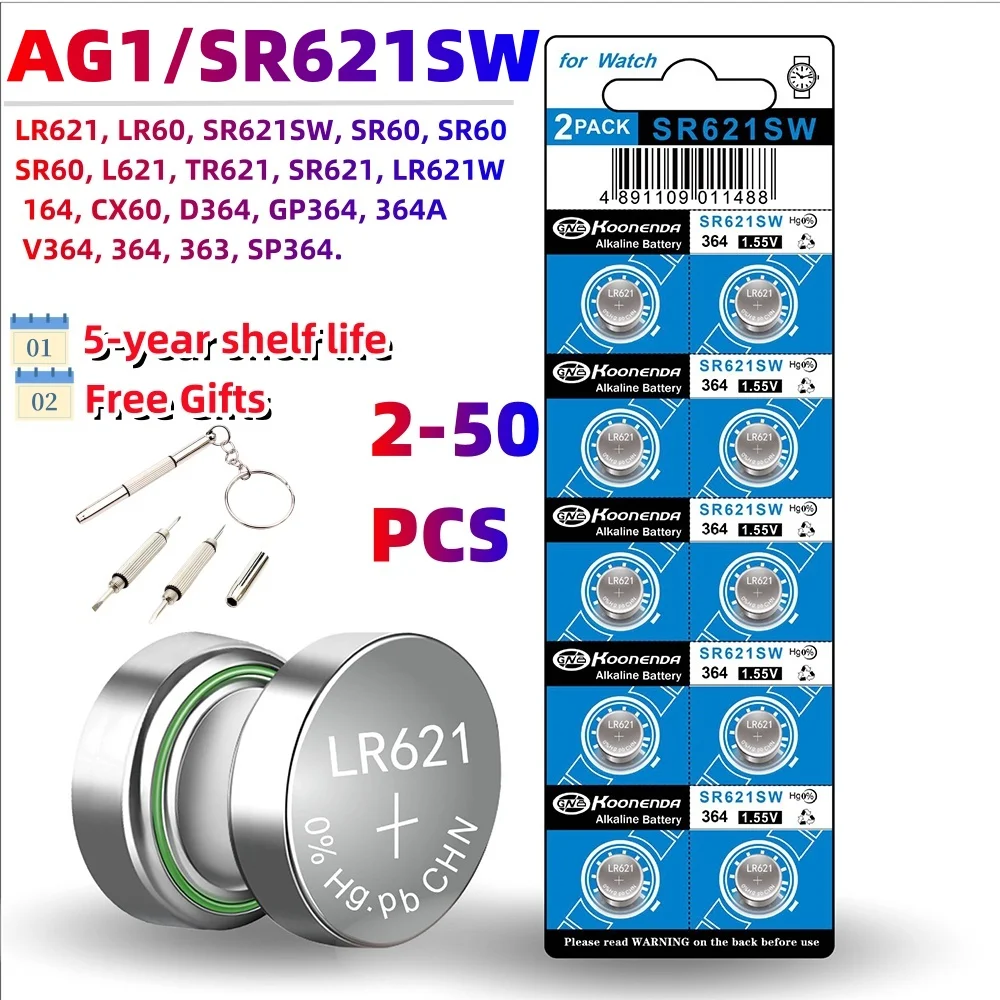 Kapasitas tinggi 10-50buah SR621SW AG1 LR621 364 363 LR60 164 1.5V baterai jam sel tombol perak koin Alkaline dengan 1 buah hadiah